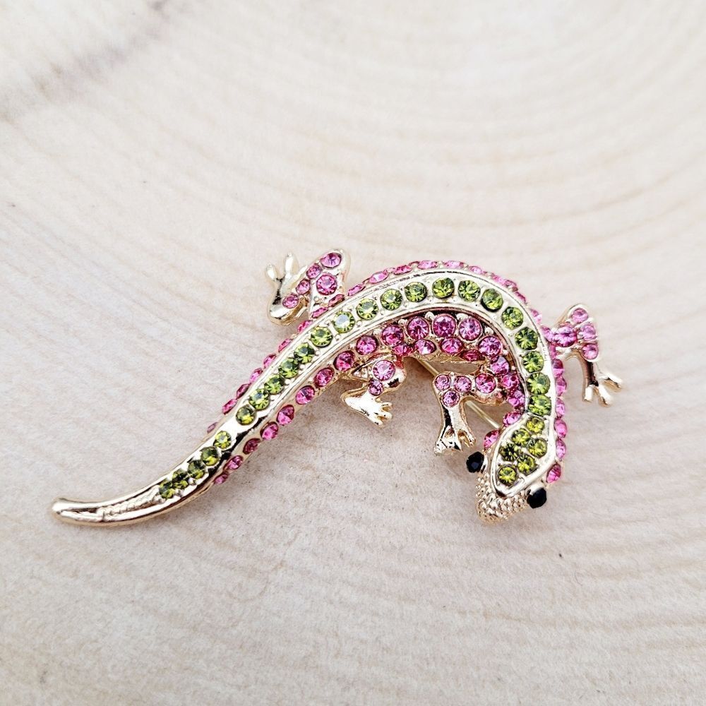Brand New 2 In 1 Green & Pink Gold Tone Lizard Rhinestone Brooch Pin & Pendant